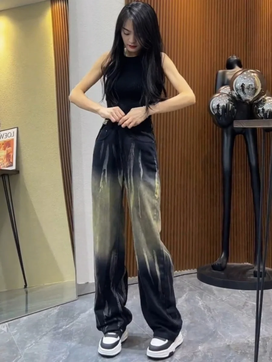 Jeans à taille haute rétro américain tie-dye, nouveau design sensationnel pour femmes, petite taille plus, pantalon droit longueur au sol