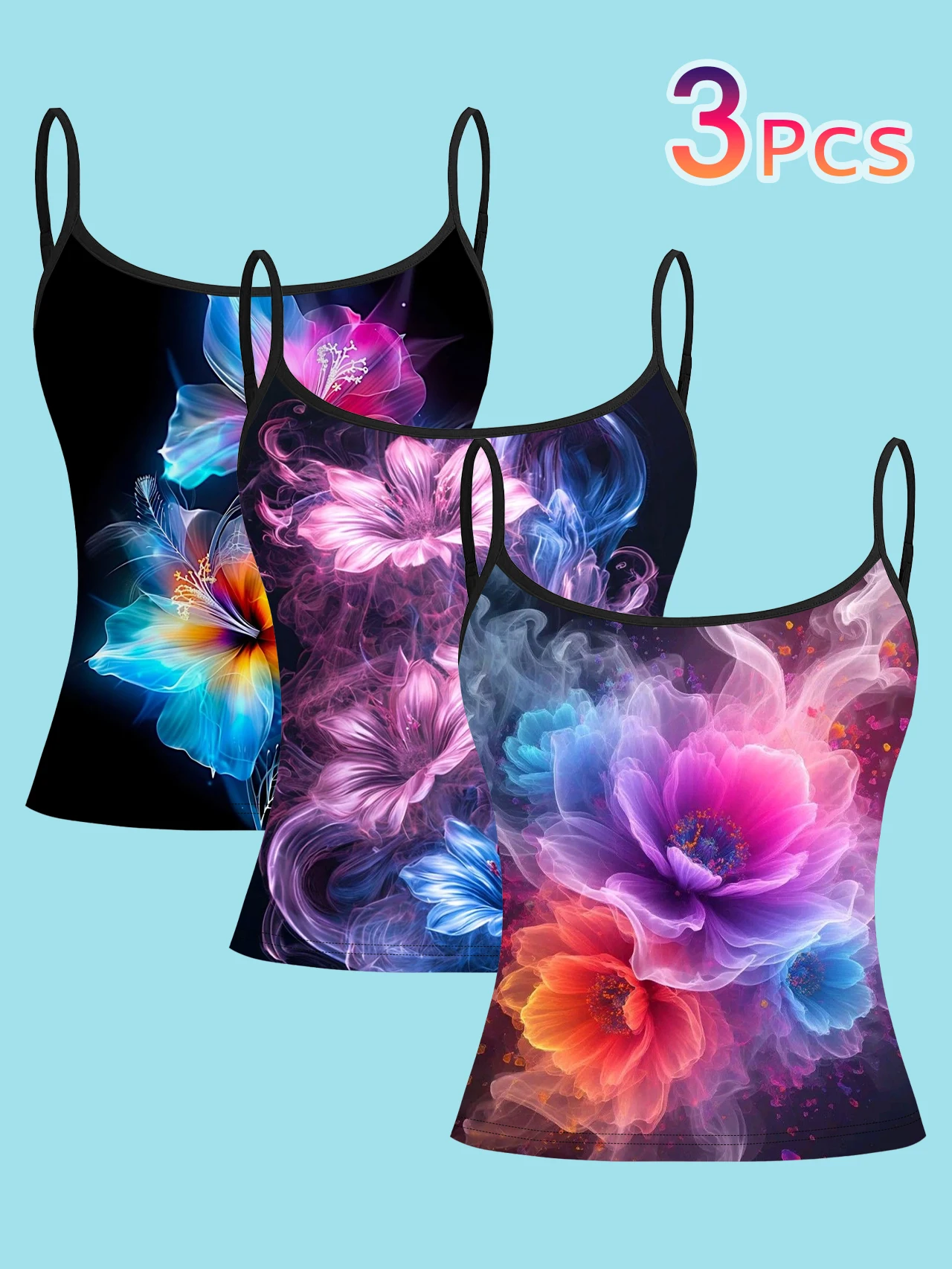 3-Pack of Smoke-Colored Floral Print Camisoles for Women, with a Dreamy, Flowing Floral Vibe, Slim-Fit Sleeveless Tops for a Sexy Look