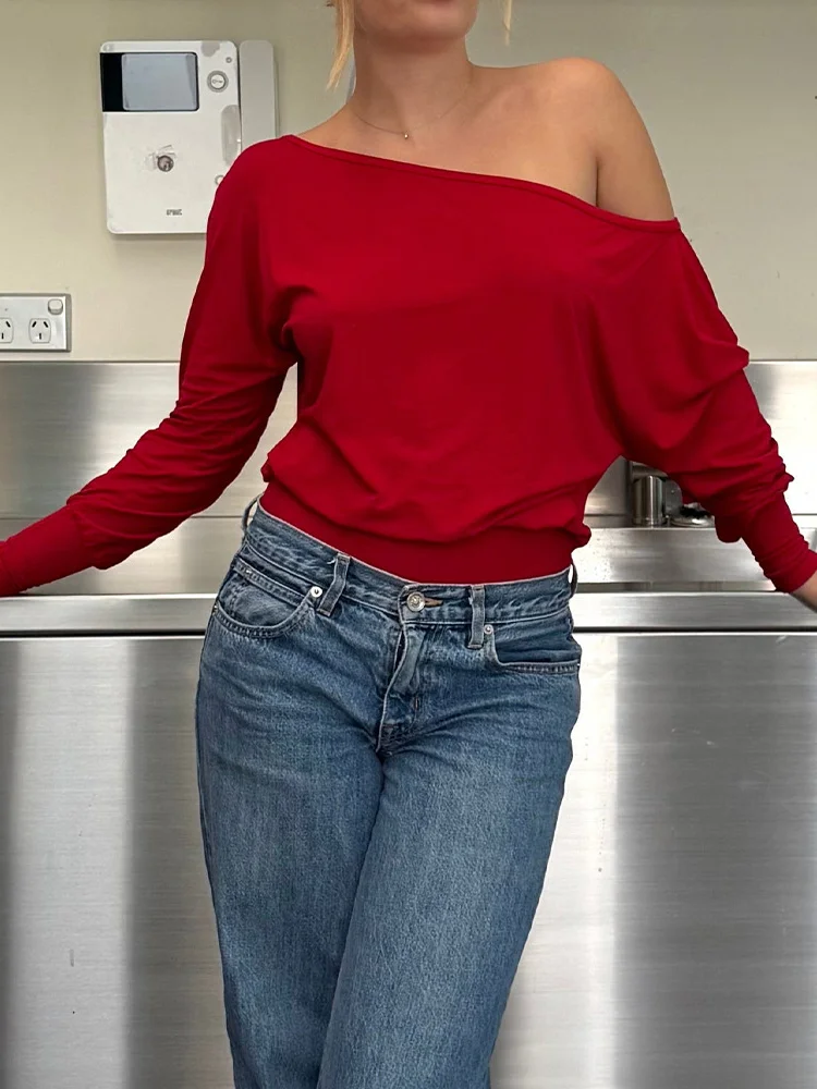 

Женская однотонная блузка с открытыми плечами, модная плиссированная свободная короткая рубашка с длинными рукавами, осень 202, женские элегантные уличные повседневные топы