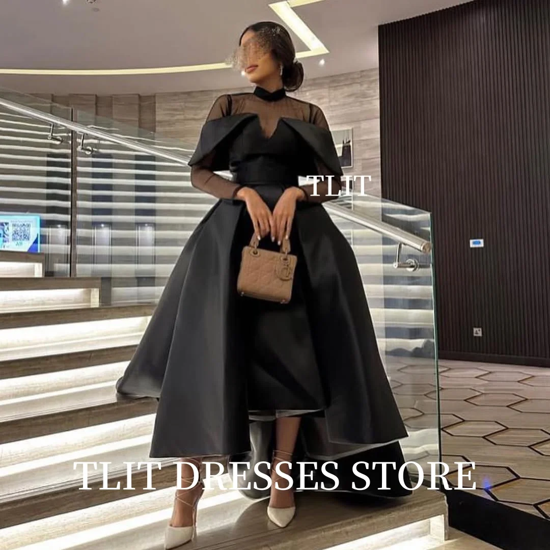 TLIT Simple Black HI-LO Evening Dress Customized فستان مثير O-Neck Regular Short Sleeves Prom Gowns Sweetheart Gown