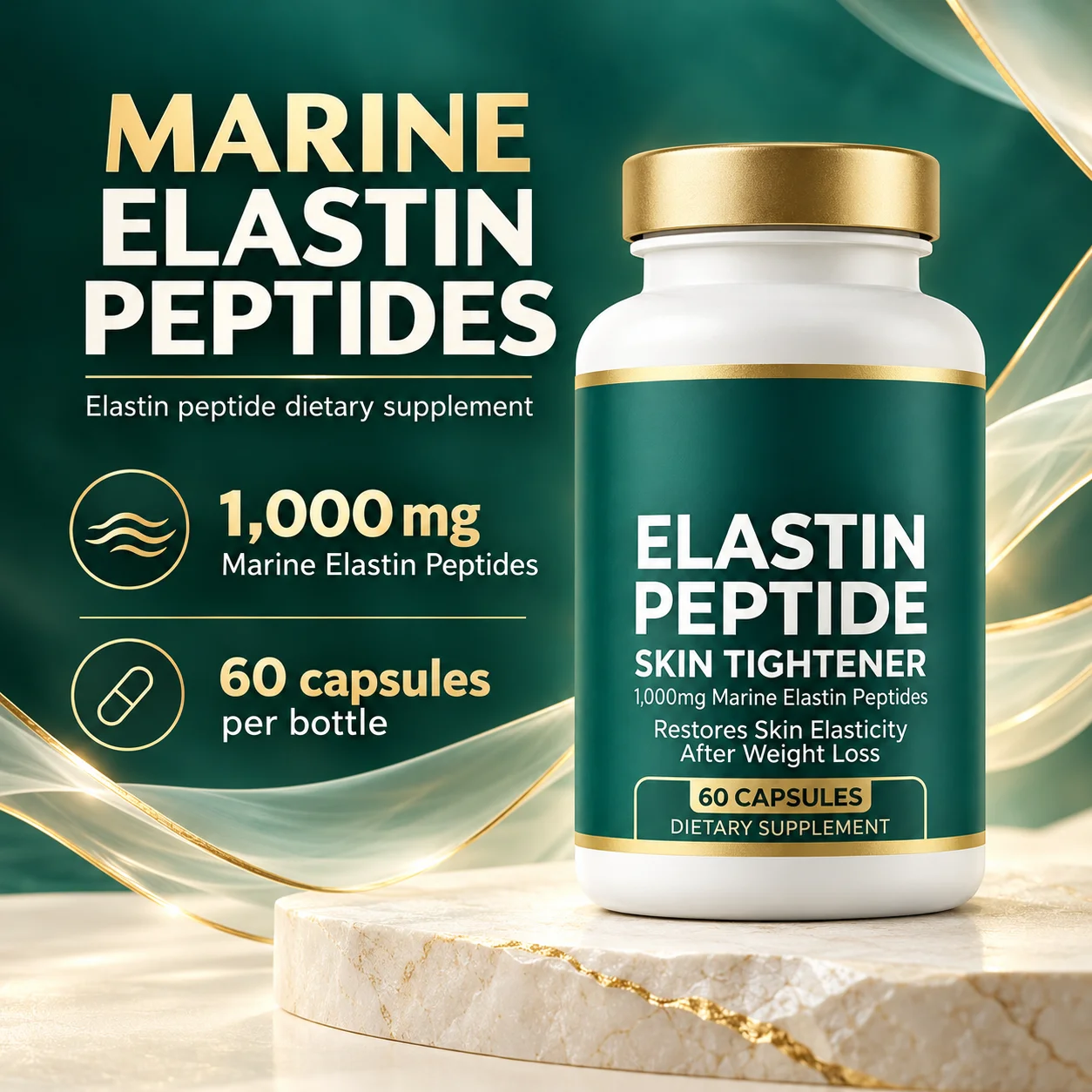 Elastin Protein Peptide Capsules, 1000mg of marine elastic protein peptides, support skin elasticity and a firm appearance