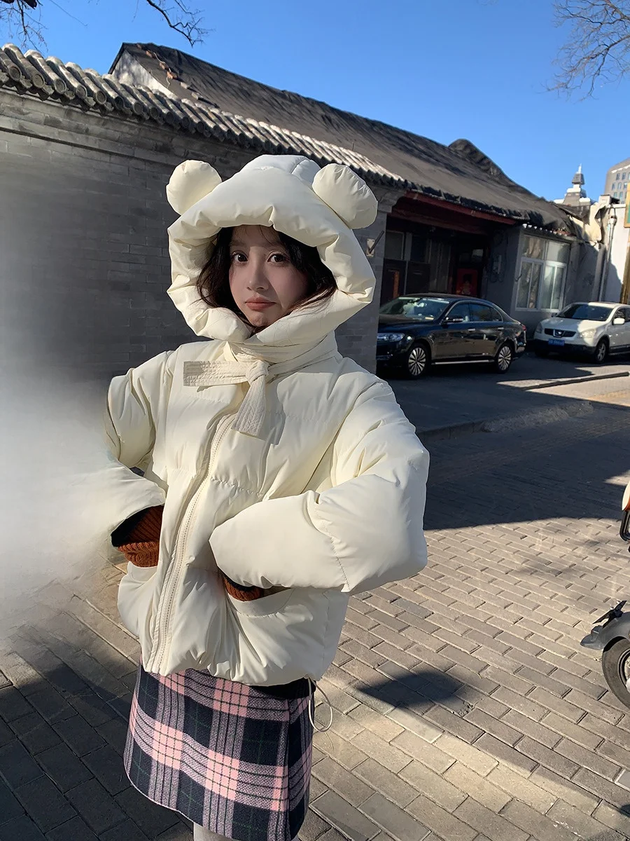 

Теплый хлопковый джат с капюшоном и милым медведем, верхняя одежда свободной температуры, свободная посадка на молнии