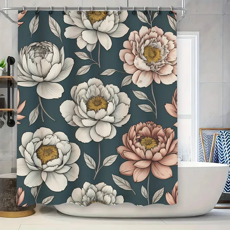 Vintage-inspired floral shower curtain set featuring white peonies, pink blossoms greenery on a teal backdrop perfect for adding