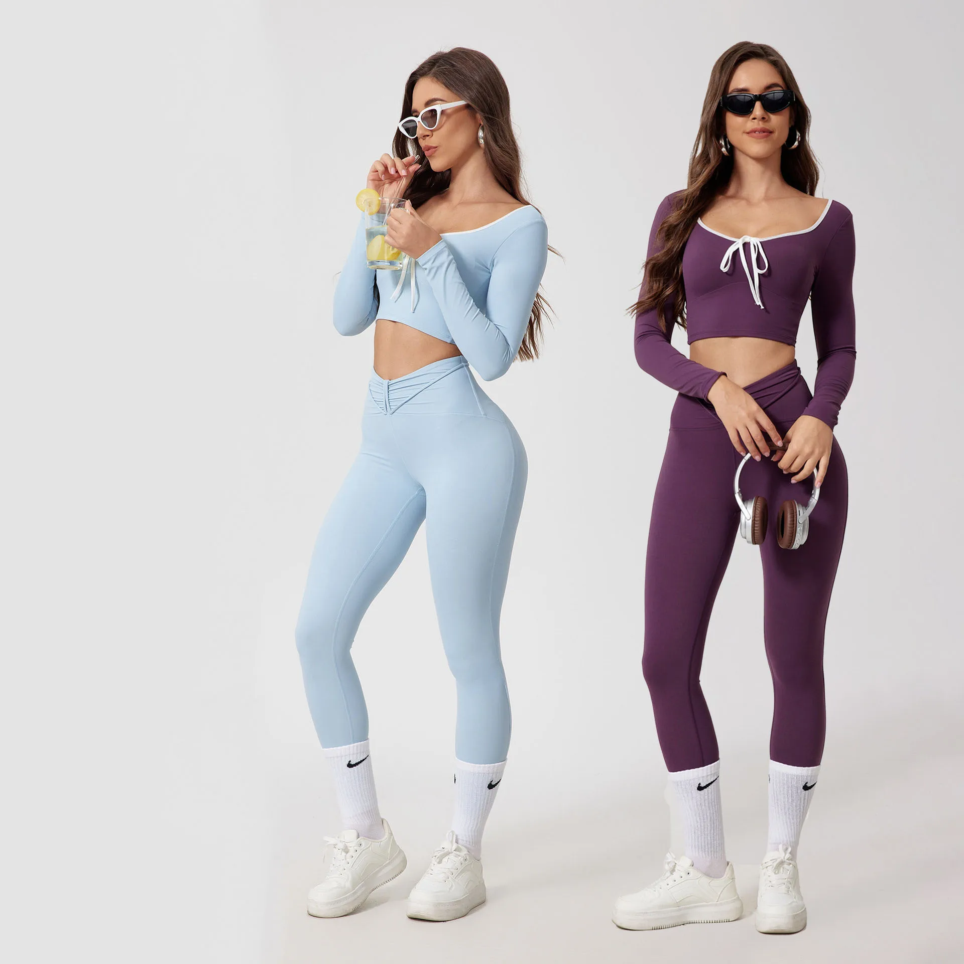 Yoga Sets 2PCS Women Workout Clothing Athletic Wear High Waist Legging Fitness Bra Crop Top Long Sleeve Pilate Suits Sportswear