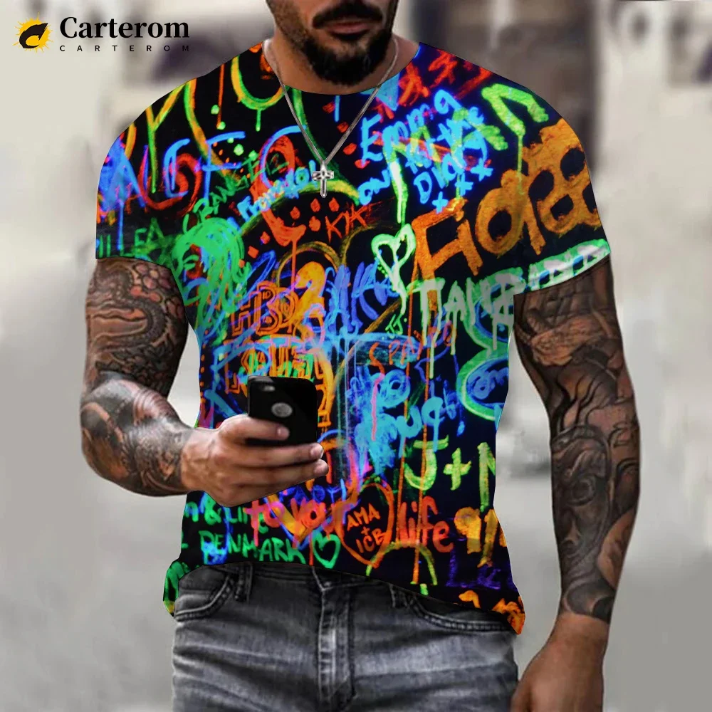 2024 HOT New Fashion Neon Graffiti Printed 3D T-shirt Men Women Summer Casual Short Sleeve Hip Hop Harajuku Streetwear Tops