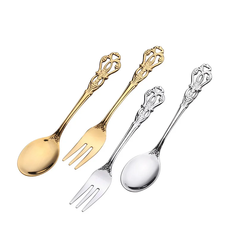 European Stainless Steel Coffee Spoon Royal Dessert Spoon Antique Hollow Cake Fruit Fork Embossed Spoon Gold