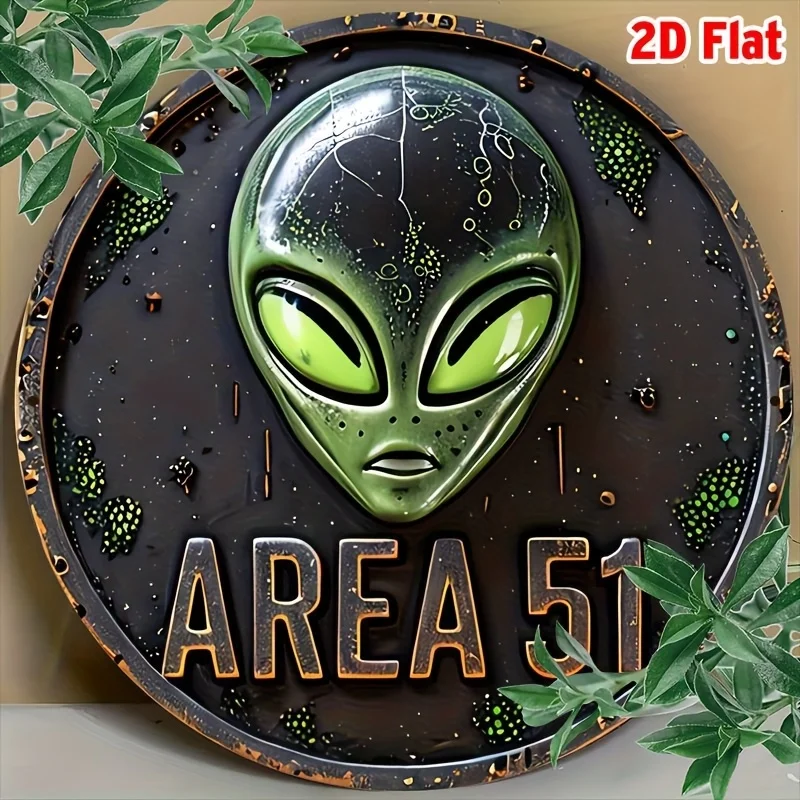 2D Flat, 2D Flat Round Vintage Area 51 UFO Alien Wall Sign - Retro Aluminum Metal Decor, 7.87x7.87 Inches, Indoor/Outdoor Use, G