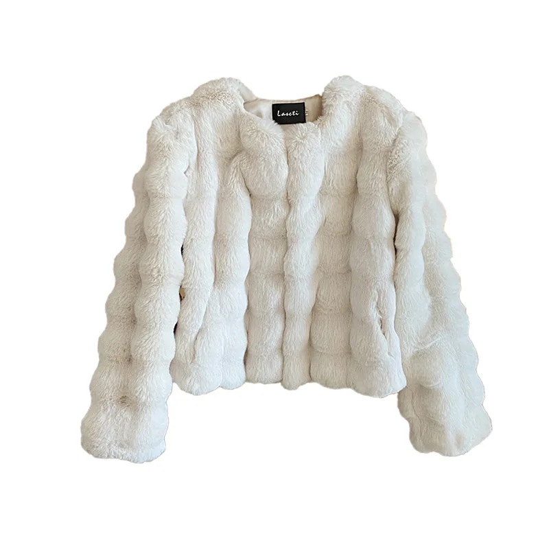 White Fur Coat for Women 2023 Autumn and Winter New Style Short Imitation Fur Plush Collarless Top Short Top Warm and Trend