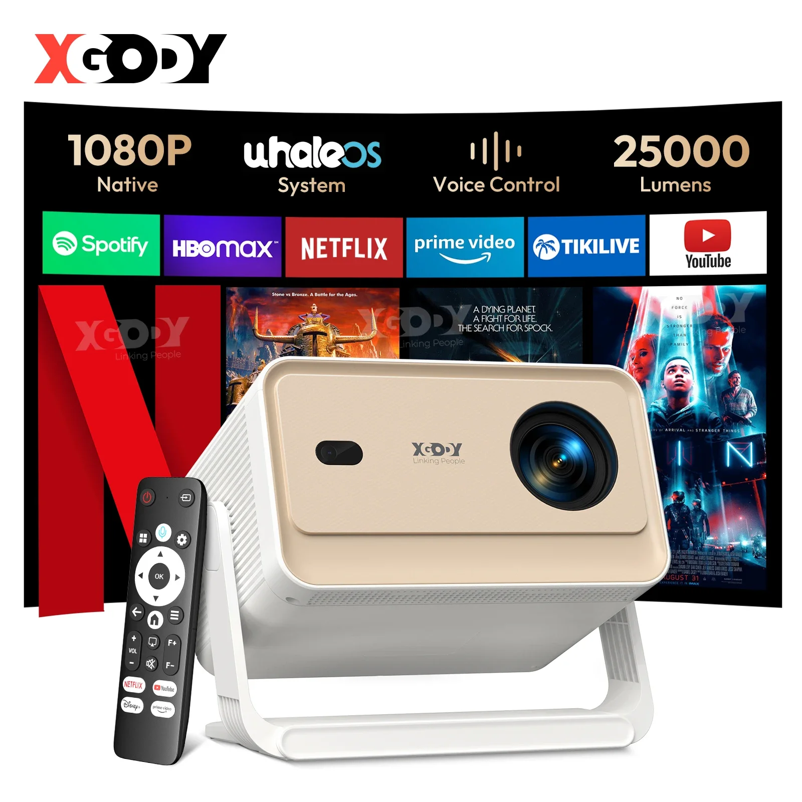 جهاز عرض XGODY FHD 1080P Netflix رسميًا على الحوت OS AI التركيز التلقائي 700 ANSI 25000 لومن بلوتوث ثنائي النطاق واي فاي يدعم 4K #1
