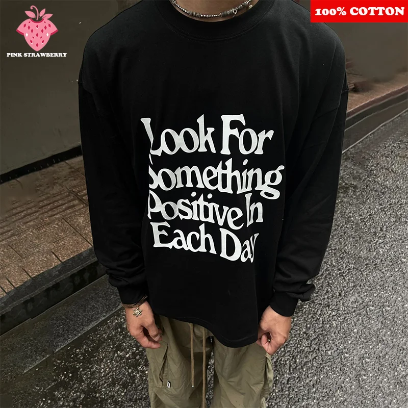 

American Hiphop Letter Print Black T-shirt Men Autumn 2025 New 100% Cotton Long sleeves Loose Workout Shirt Y2k Top men clothing