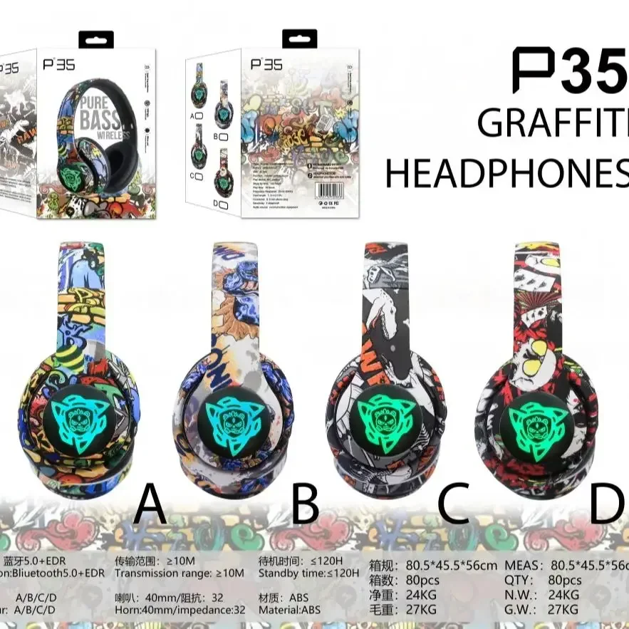 

Graffiti Style Over-Ear Bluetooth Headphones RGB Lighting AUX Audio Playback, Foldable Design Wireless Headset for Gaming Music
