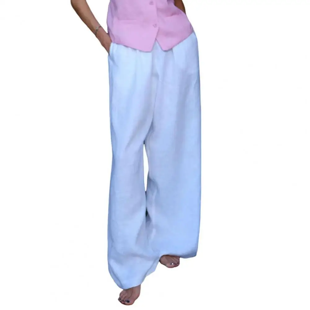 

Women's Wide-Leg Pocket Design Pants, Stylish, Elastic Waist Pockets, Comfort, Monochromatic Trousers, Mid-rise Floor