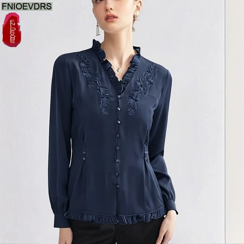레트로 빈티지 러플 탑 블라우스 가을 봄 여성 긴팔 솔리드 자수 꽃무늬 그린 퍼플 화이트 기본 셔츠