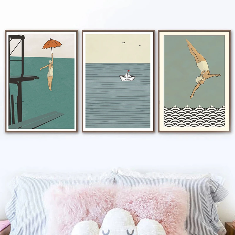 Vintage Maritime Surfing Beach Poster Canvas Painting Abstract Female Diver Swimming Pool Wall Picture For Room Home Decoration