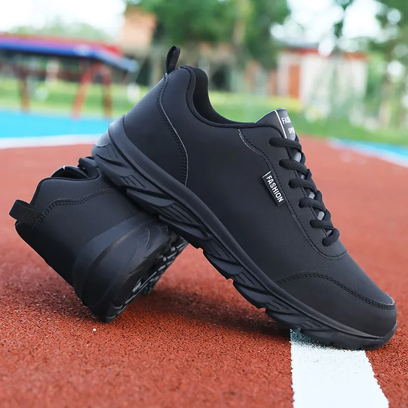 Men's Running Shoes Black PU Upper Flat and Comfortable Walking Shoes Lightweight and Wide Footed Casual Sports Leather Shoes