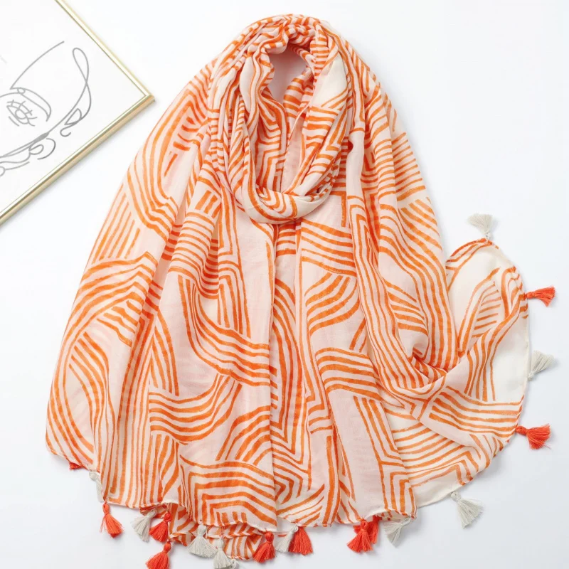 

Pig Nose Line Satin Cotton Printed Long Scarf Factory Sale Foreign Trade Cross-Border Live Streaming Travel Vacation Sun Protect