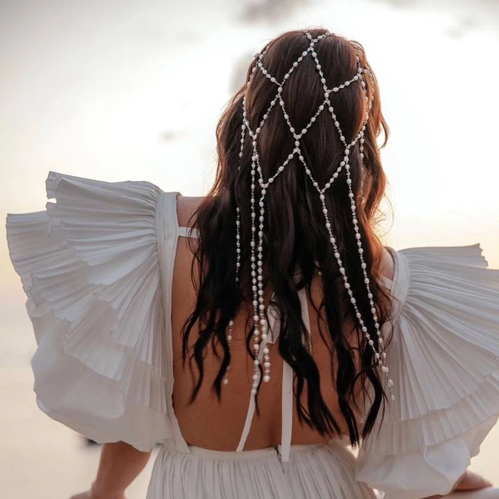 Pearl Mesh Cap Hair Chain Boho Wedding Tassel Headpiece Back Drop Cascade Fairy Festival Aesthetic Beach Bridal Styling Accessor