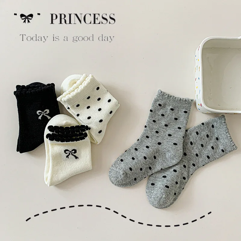 4 Pairs Four Season Kids Socks Cotton Girls Socks Cute Bow Dot Pattern for Children Baby Korean Style  Black White Princess Sock