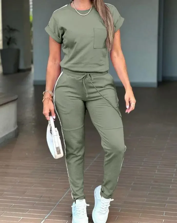 Conjunto de dos piezas para mujer, chándal con paneles, cuello redondo, Top de manga corta y diseño de bolsillo informal, conjunto de pantalones con cordón