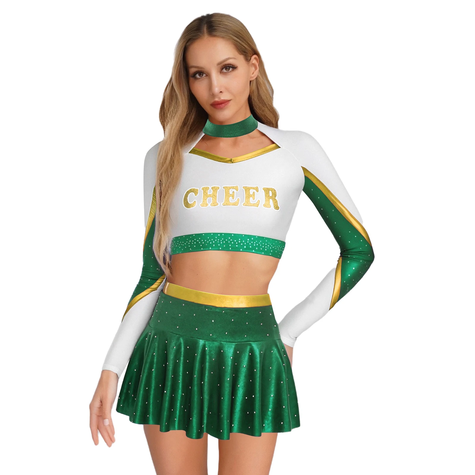

2Pcs Womens Cheerleading Uniform Long Sleeve Hollow Out Metallic Shiny Contrast Color Crop Top + A-line Miniskirt Dance Outfits