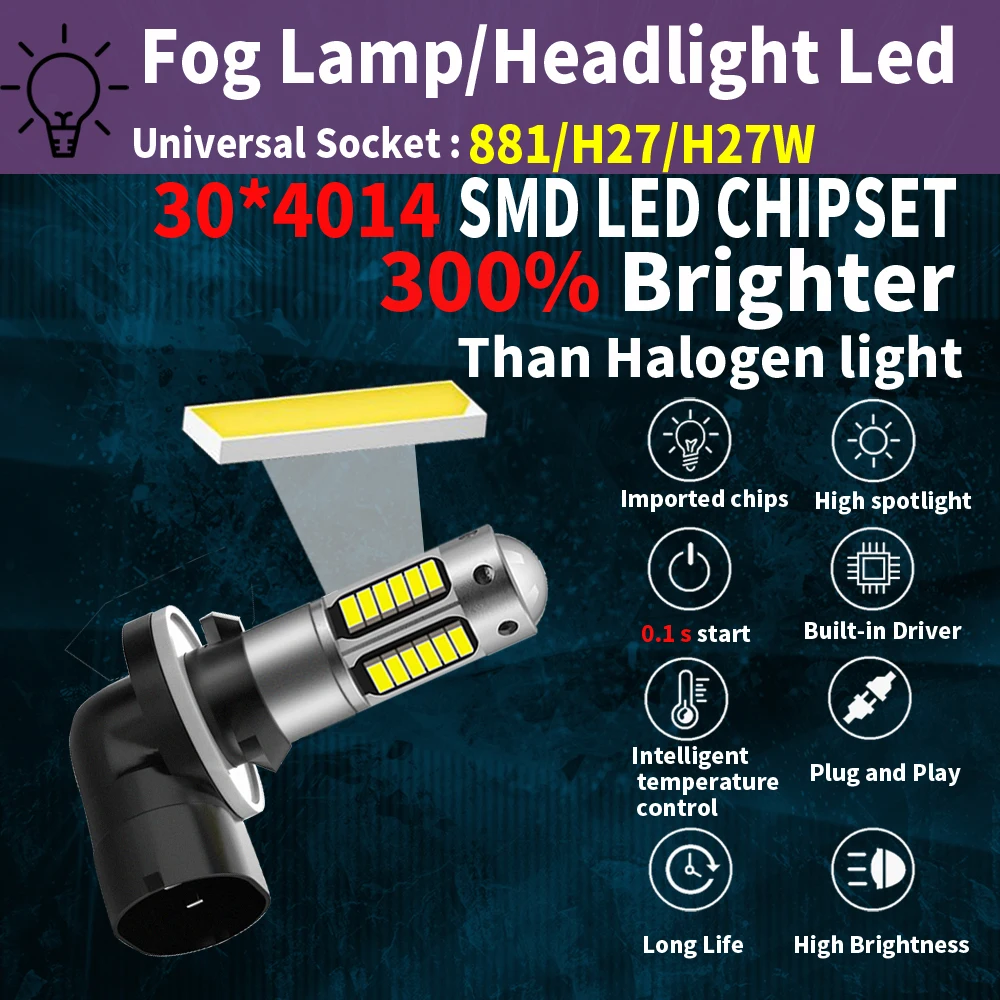 2PCS Car LED Fog Light 881 H27 4014 30smd High Car Parts General Light LED Auto Fog Spare Car Front Light Brightness view 2