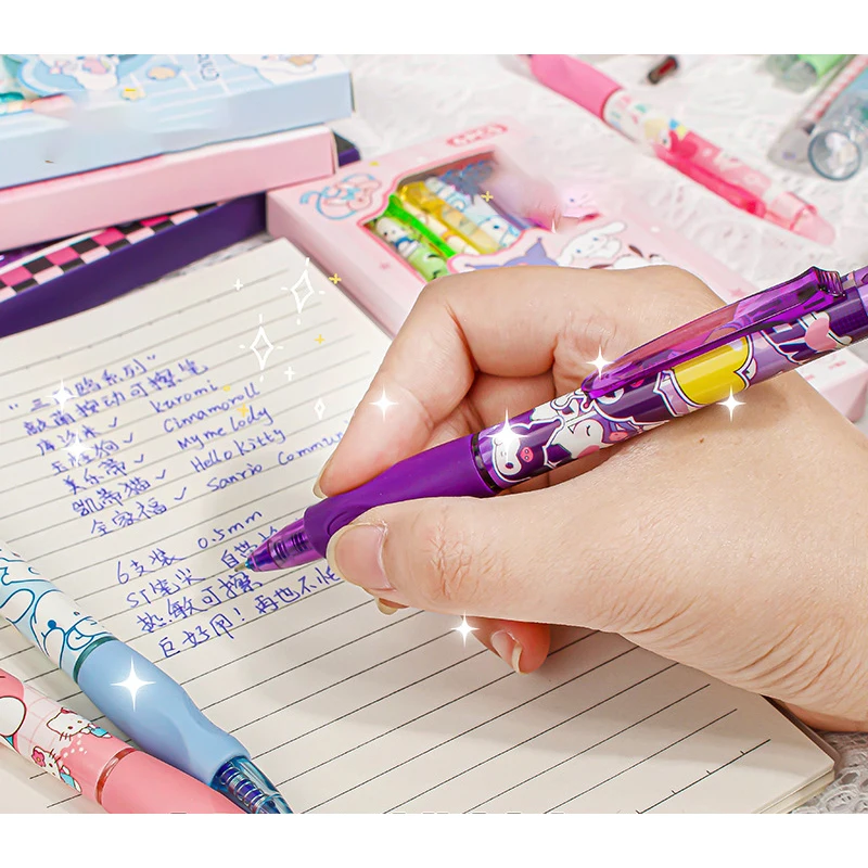 6szt Kawaii Children Gel Pen Hello Kitty Cartoon Kuromi ST Erasable Black 0.5mm Press The Ballpoint Pen Learning Stationery Gift