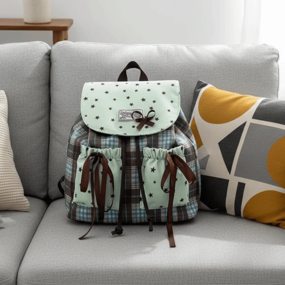 Sweet Bow Double Shoulder Bag Plaid Pattern Contrast Color Student Schoolbags Vintage Star Print Mint Green Small Backpack