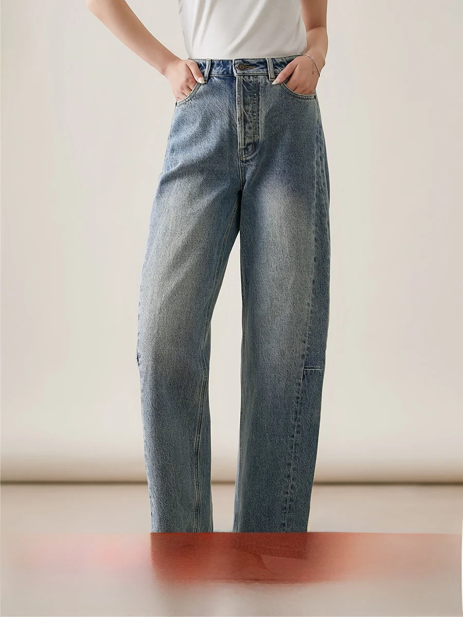 

High Waist Loose Fit Vintage Washed Denim Jeans Women's Spring New Style Xhange Decomposition Beauty Modern Scythe Pants
