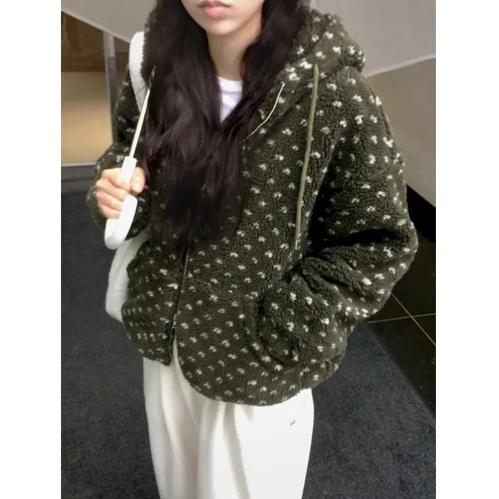 Double Zipper Retro Love Heart Embroidery Fleece Jacket Cleanfit Style Women's Cotton Coat Children's Winter Outerwear