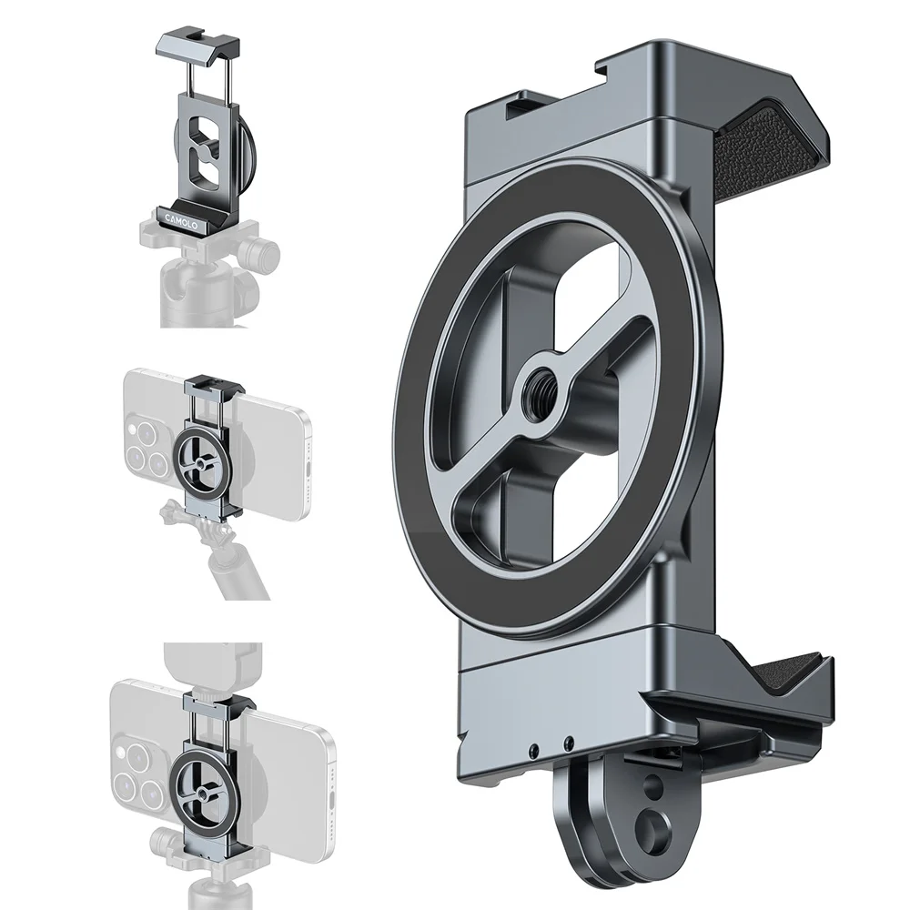 

3in1 Magnetic Phone Holder Clamp w Arca /1/4" / Gopro Interface Action Camera Adapter Phone Tripod Mount for iPhone 16 -12 GoPro