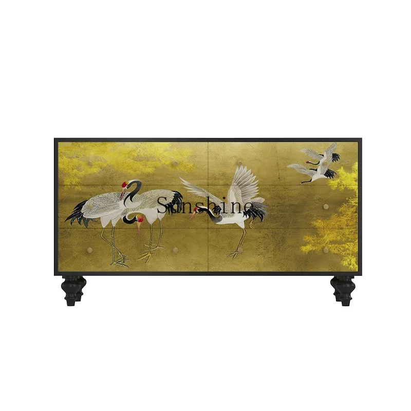 

French Chinese style golden crane solid wood bedroom bedside drawer storage six chest cabinet