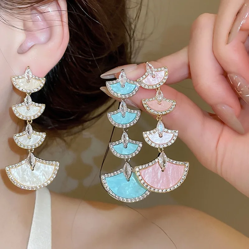

Minar Temperament White Pink Blue Acetate CZ Zircon Sector Tassel Long Dangle Earrings for Women 18K Real Gold Silver Copper