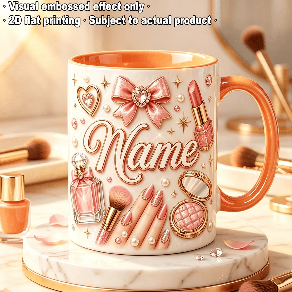 Personalized 2D Flat Printed Nail Makeup Ceramic Coffee Mug 11oz Custom Name Cosmetic Gift for Nail Artist Beautician Girlfriend