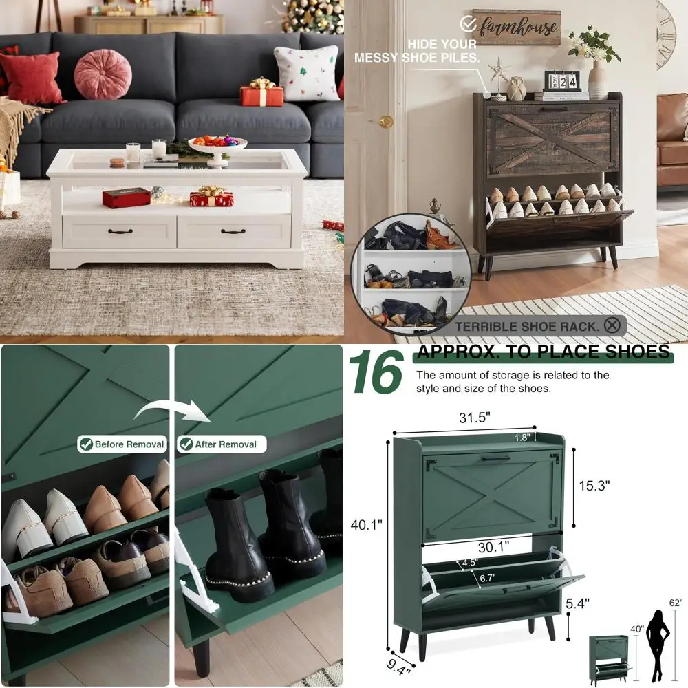 Modern Farmhouse Style Coffee Table with Glass Top, Display Shelf, and Storage Drawer