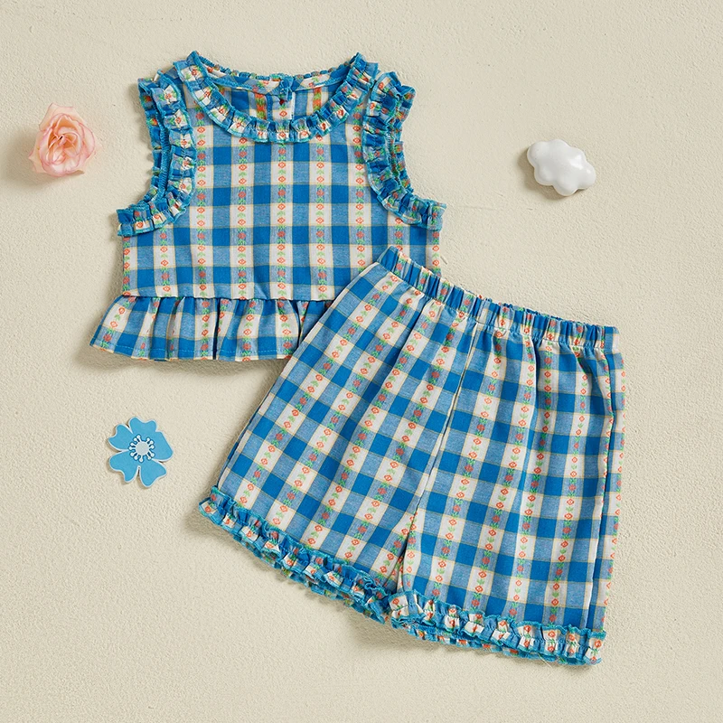 

Lioraitiin Toddler Baby Girl Pants Set Floral Plaid Frill Trim Ruffle Tank Tops Elastic Waist Pants Summer Clothes 2Pcs Set