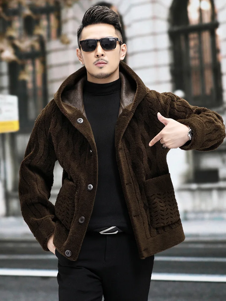 Business Men Work Reversible Real Sheep Fur Jacket Faux Leather Wool Coat Loose Fit Single Breasted Overcoat Casual Hooded Coats