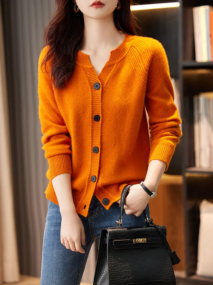 

Autumn Winter Women V-Neck Buttoned Cardigan 100% Merino Wool Long Sleeve Sweater Soft Cashmere Knitwear Korean Tops Clothing