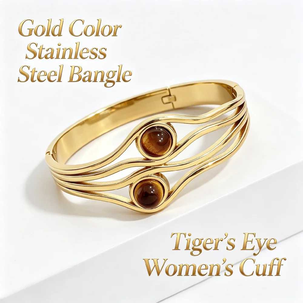 Greatera Marken-Armreif aus Edelstahl mit zweilagigem Tigerauge-Stein für Damen und Herren, Festival-Party, Vintage, stapelbar, wasserdichter Schmuck – Detail 1