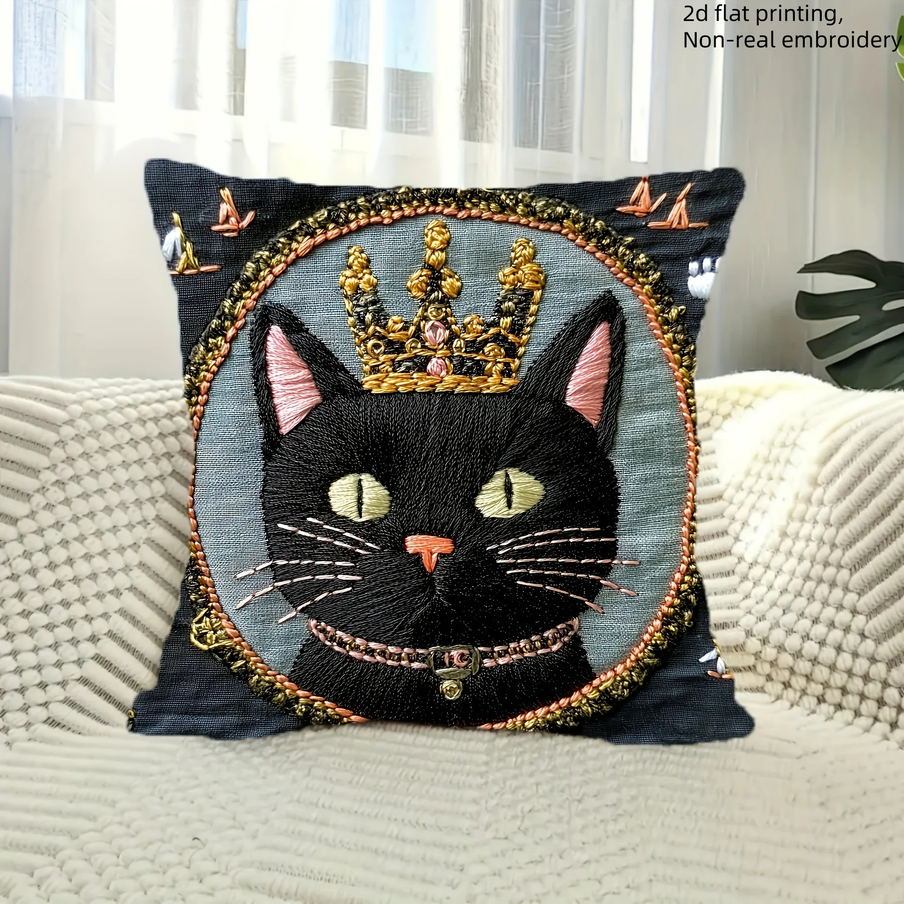 Adorable Black Cat with Crown Double Sided Pillowcase, 2D Print Decorative Cushion Cover for Home, Insert Not Included