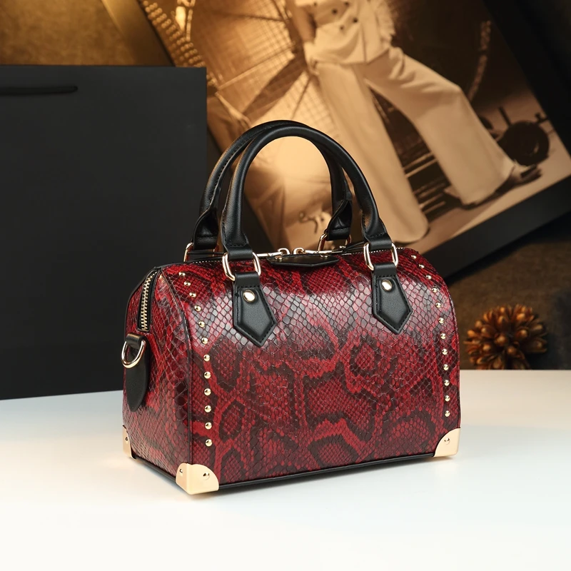 

Luxury Fashion Snakeskin Pattern Leather Women Handbags 2025 New Trendy Shoulder Messenger Bag Small Portable Boston Bags