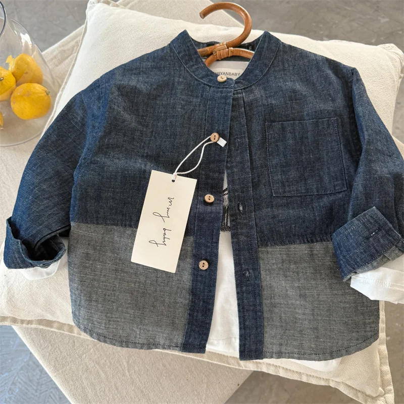 Children's Coat 2026 Autumn New Product Retro Denim Coat for Boys and Girls, Baby Round Neck Color Contrasting Shirt