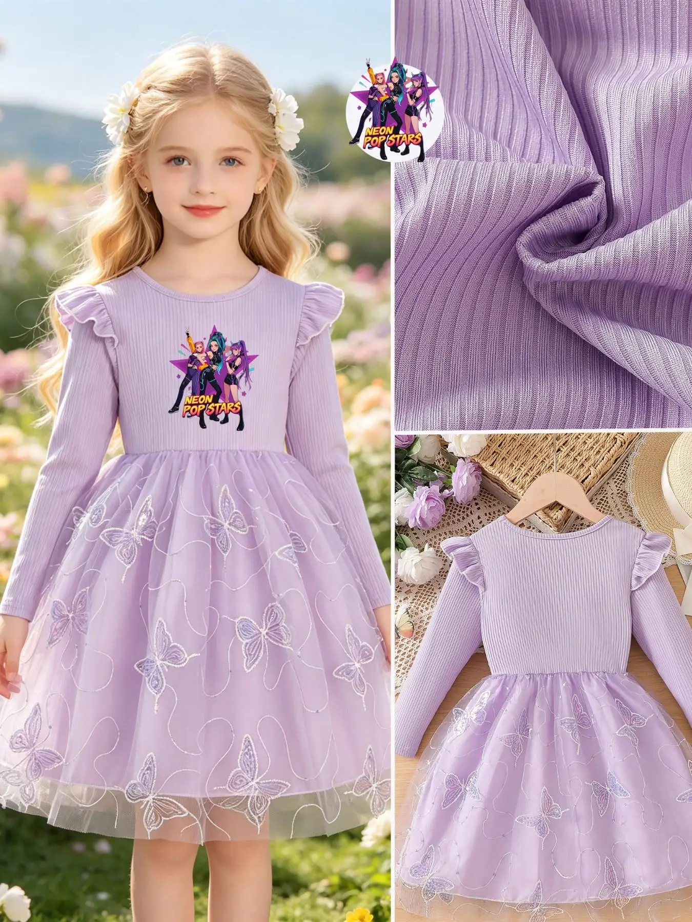Robe à imprimé papillon pour filles, robe de princesse élégante à manches longues et coupe ajustée, parfaite pour les fêtes d'anniversaire, les activités de plein air, les vacances