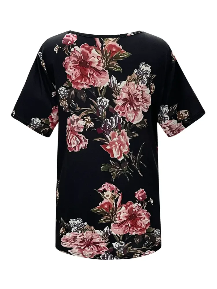 Plus Size Floral Print T-Shirt  Casual Crew Neck Short Sleeve T-Shirt Women\'s Plus Size Clothing