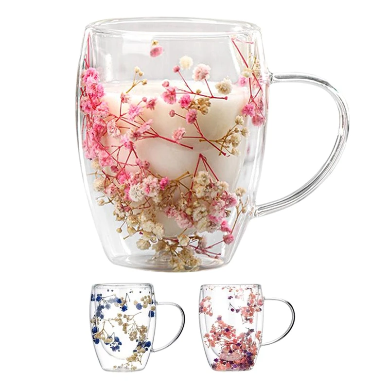 زجاج مزدوج مبتكر للإبداعات ، من من من من من الزجاج من أجل إعداد التصميمات ، فنجان قهوة بالحليب ، فنجان منزلي ، مستوى مظهر عالٍ من الزهور المجففة بالنجمة الكاملة ، فنجان قهوة بالحليب