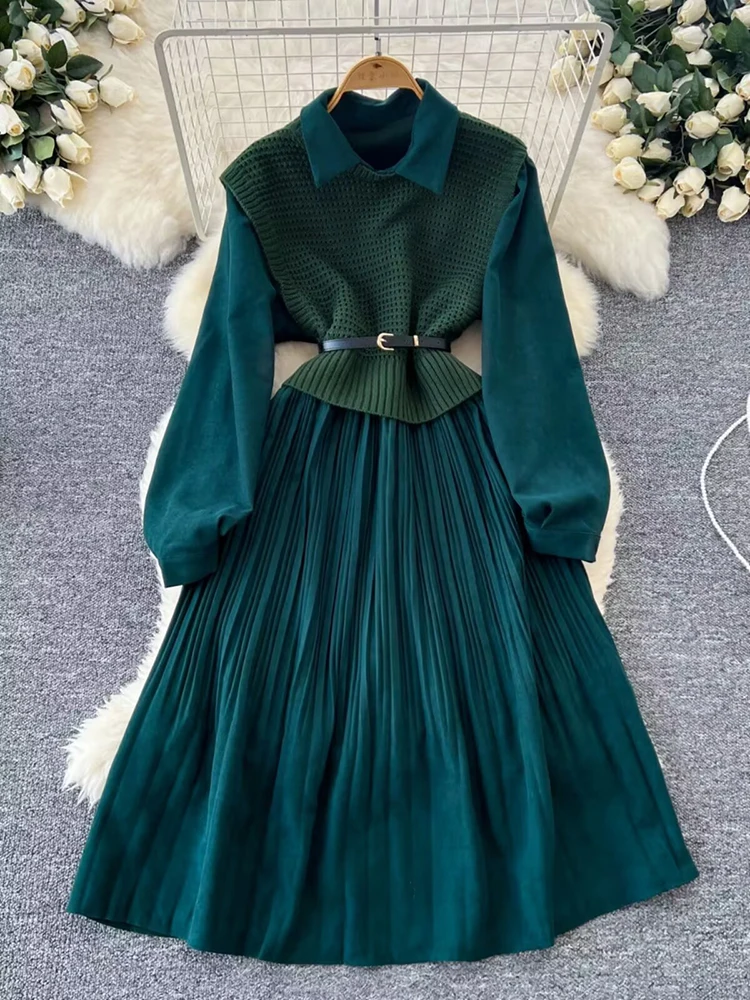 Herbst Winter Anzug Hohe Qualität Frauen Kleid Vintage Solide Turndown Kragen Langarm Plissee Kleid + Stricken Weste Mit gürtel