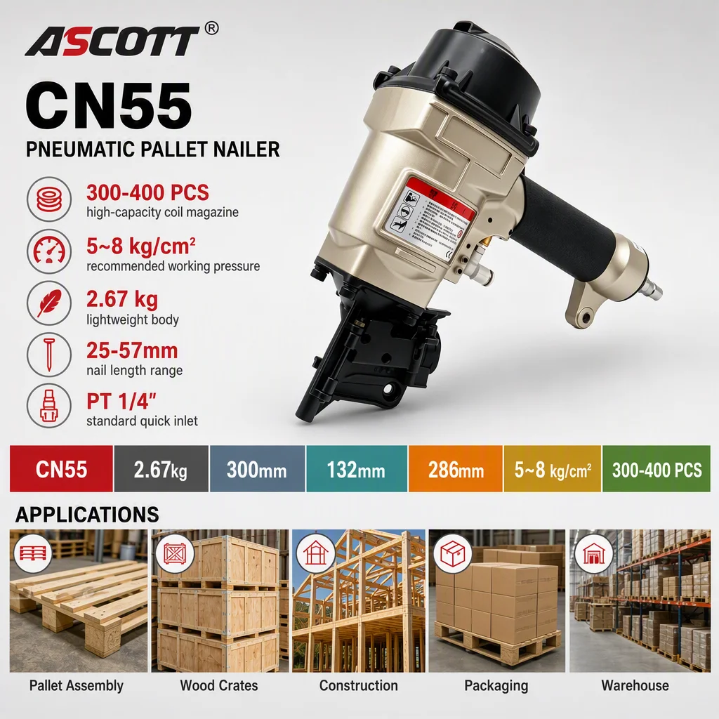 Automatic Nailing Machine CN55PAL 25-50mm Pneumatic Coil Nailer for Making Heavy Duty Crating Wooden Board Pallet