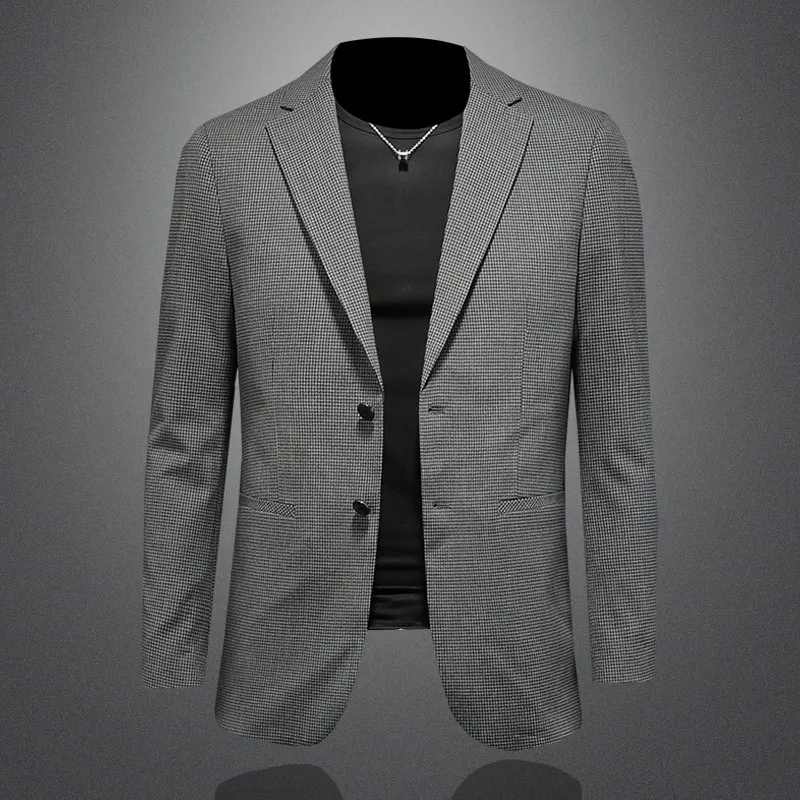 

High Quali Casual Plaid Men's Suit Jaet Faionable Versatile Spring Autumn Outerwear Breathable Polyester Fiber