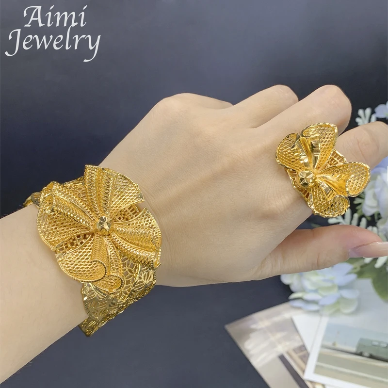 Kupfer hohl 18 Karat vergoldet Schmuck Set für Frauen Luxus Armband Ring Sets afrikanische Braut Hochzeits feier Zubehör Geschenke