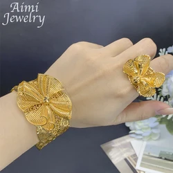 Copper Hollow 18K Gold Plated Jewelry Set for Women Luxury Bracelet Ring Sets African Bridal Wedding Party Accessories Gifts