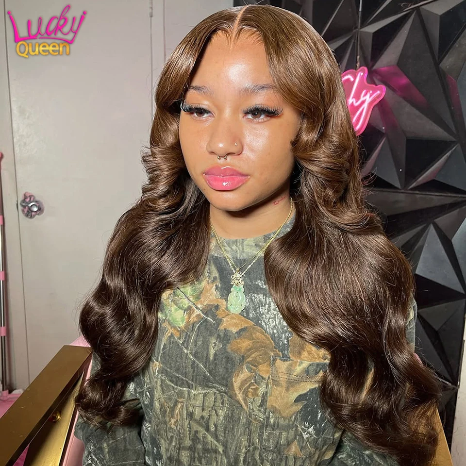 

Pre Plucked Golden Brwon Human Hair 180Density Light #4 13X6 Body Wave Transparent Lace Frontal Wigs 7X5 Ready To Wear For Women